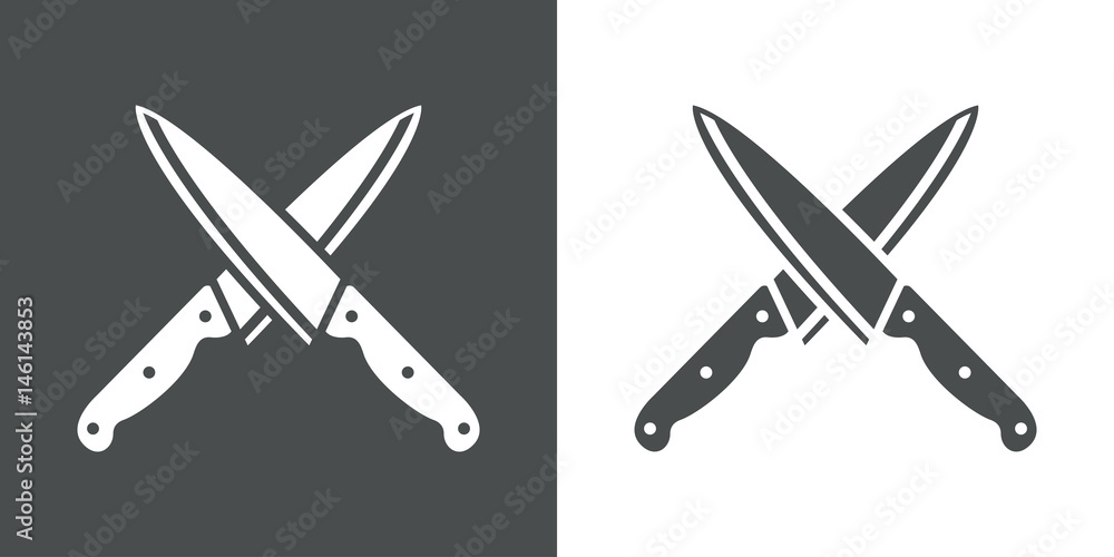 Icono plano cuchillos cocina cruzados gris y blanco Icono plano cuchillos cocina cruzados gris y blanco