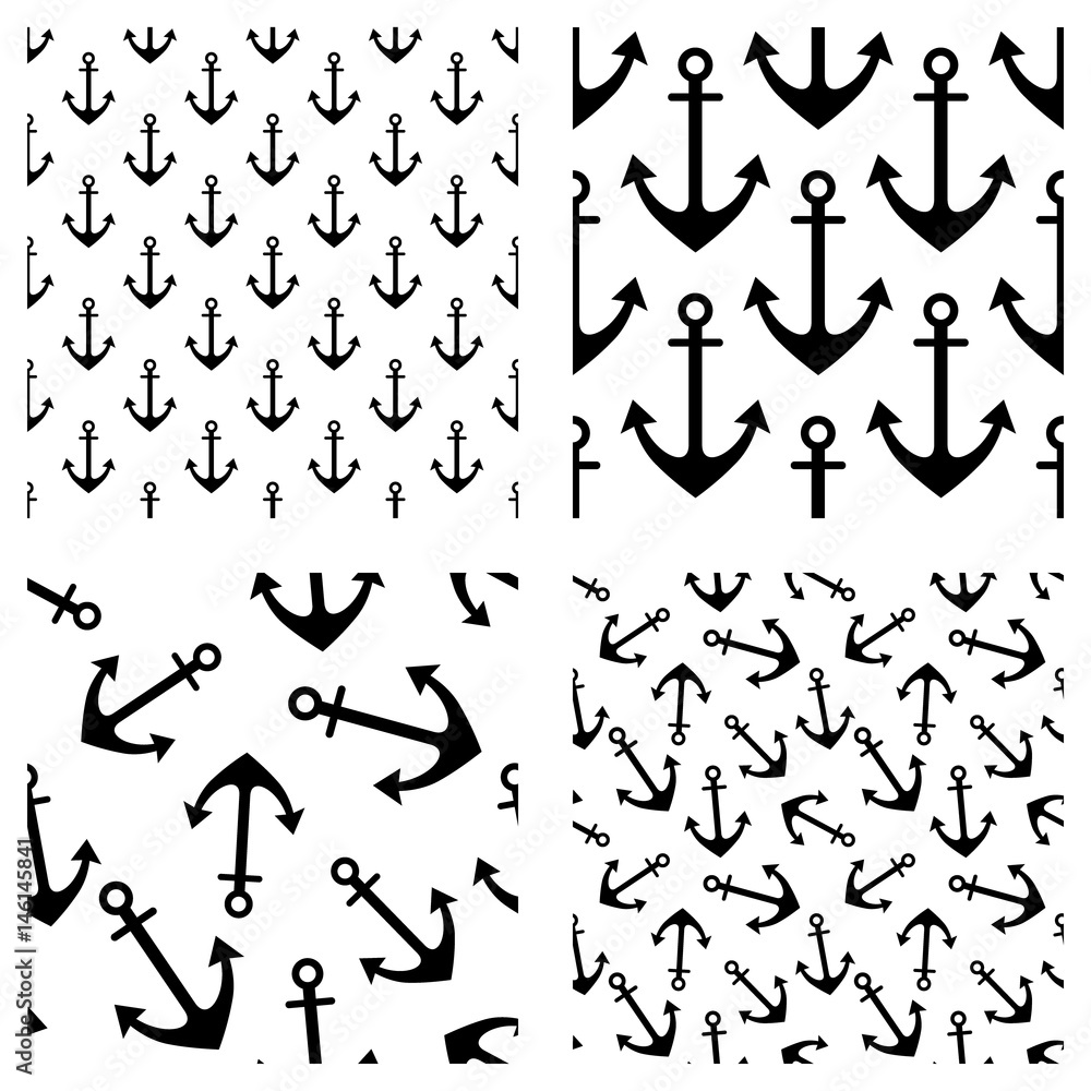 Set of vector seamless patterns with anchor. Creative geometric backgrounds, nautical theme. Graphic illustration. Print for wrapping, decor, backgrounds, wallpaper, surface Set of vector seamless patterns with anchor. Creative geometric backgrounds, nautical theme. Graphic illustration. Print for wrapping, decor, backgrounds, wallpaper, surface