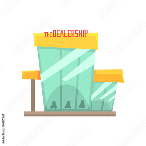 Dealership building with new cars on display. Colorful cartoon vector Illustration