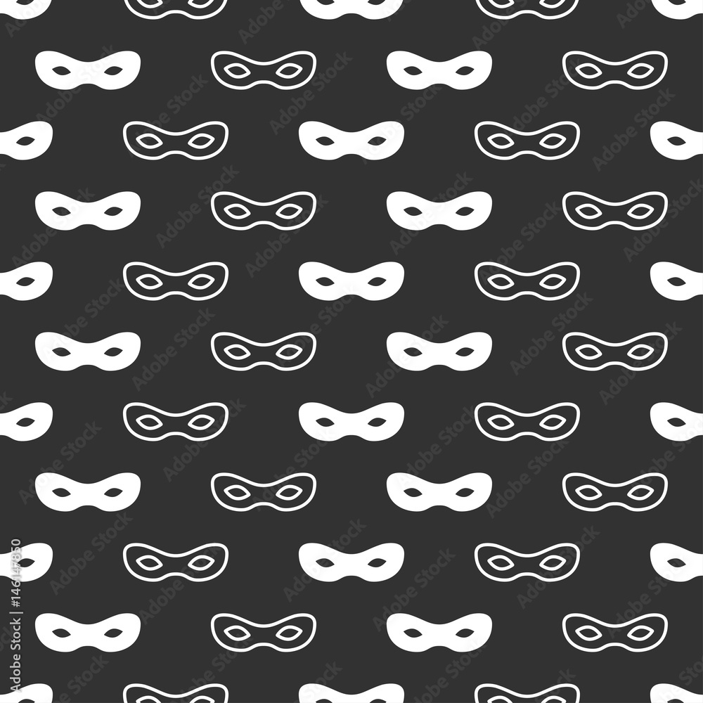 Seamless pattern with mask. Black and white carnival simple design. Superhero mask. Traditional venetian festive carnival icon. Masquerade. Vector illustration. Background. Texture. Symbols pictogram