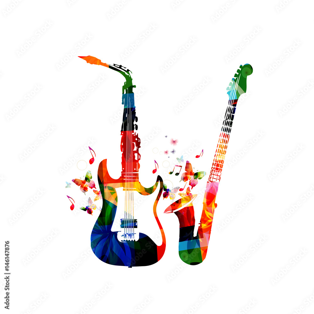 Vecteur Stock Music instruments background. Colorful saxophone and guitar  isolated vector illustration | Adobe Stock