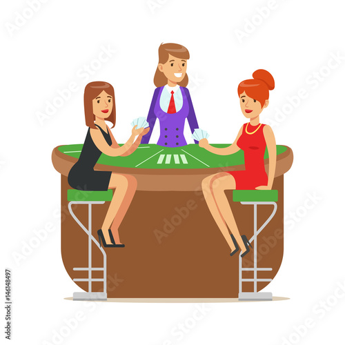 Two beatuful girls playing cards in a luxury casino. Colorful cartoon character vector Illustration