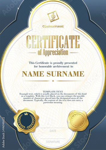 Template of Certificate of Appreciation with two golden badges and with blue elements