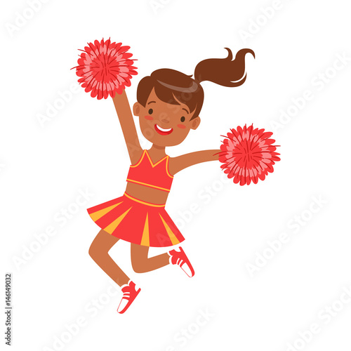 Smiling little cheerleader dancing with red pompoms. Colorful cartoon character vector Illustration