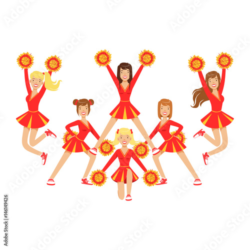Cheerleader girls with pompoms dancing to support football team during competition. . Colorful cartoon character vector Illustration