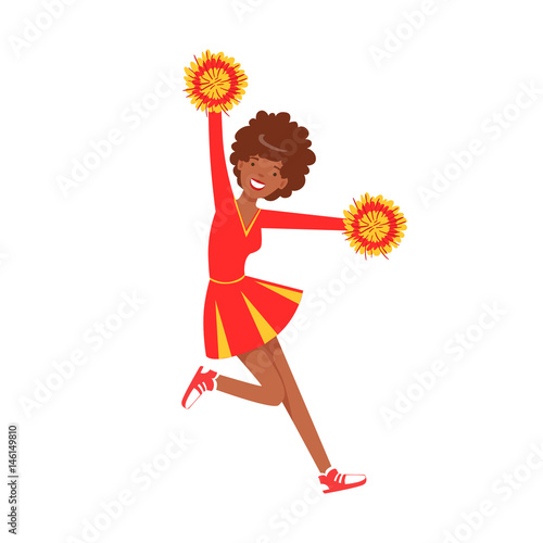 Smiling cheerleader girl teenager dancing with red and yellow pompoms. Colorful cartoon character vector Illustration