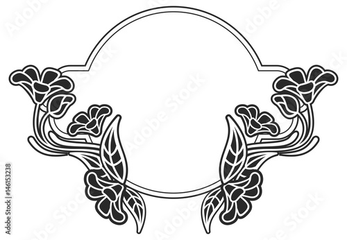 Black and white round frame with floral silhouettes. Vector clip art