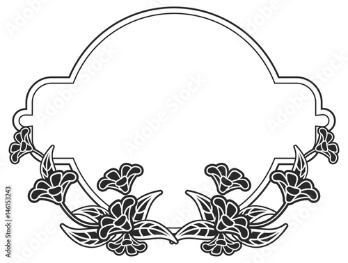 Black and white round frame with floral silhouettes. Vector clip art