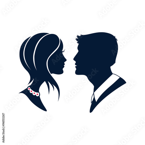 Beautiful silhouette cameo of a young couples. Vector logo or icon of a man and woman profiles.