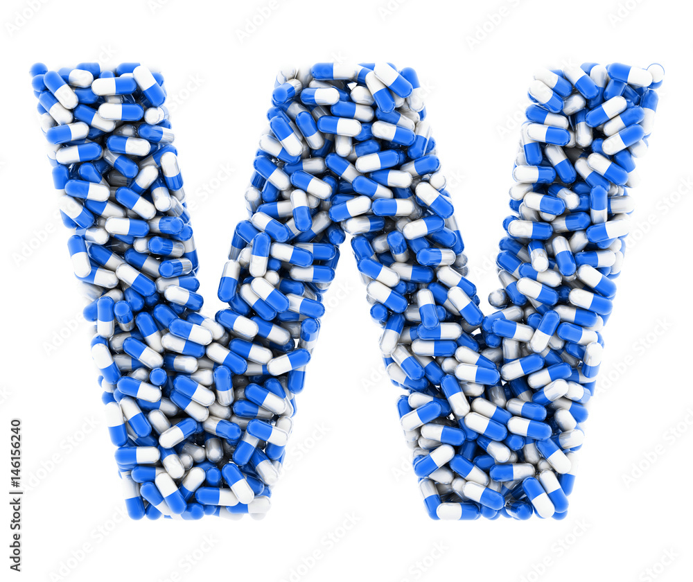Letter W, alphabet of medicine pills. 3D render.