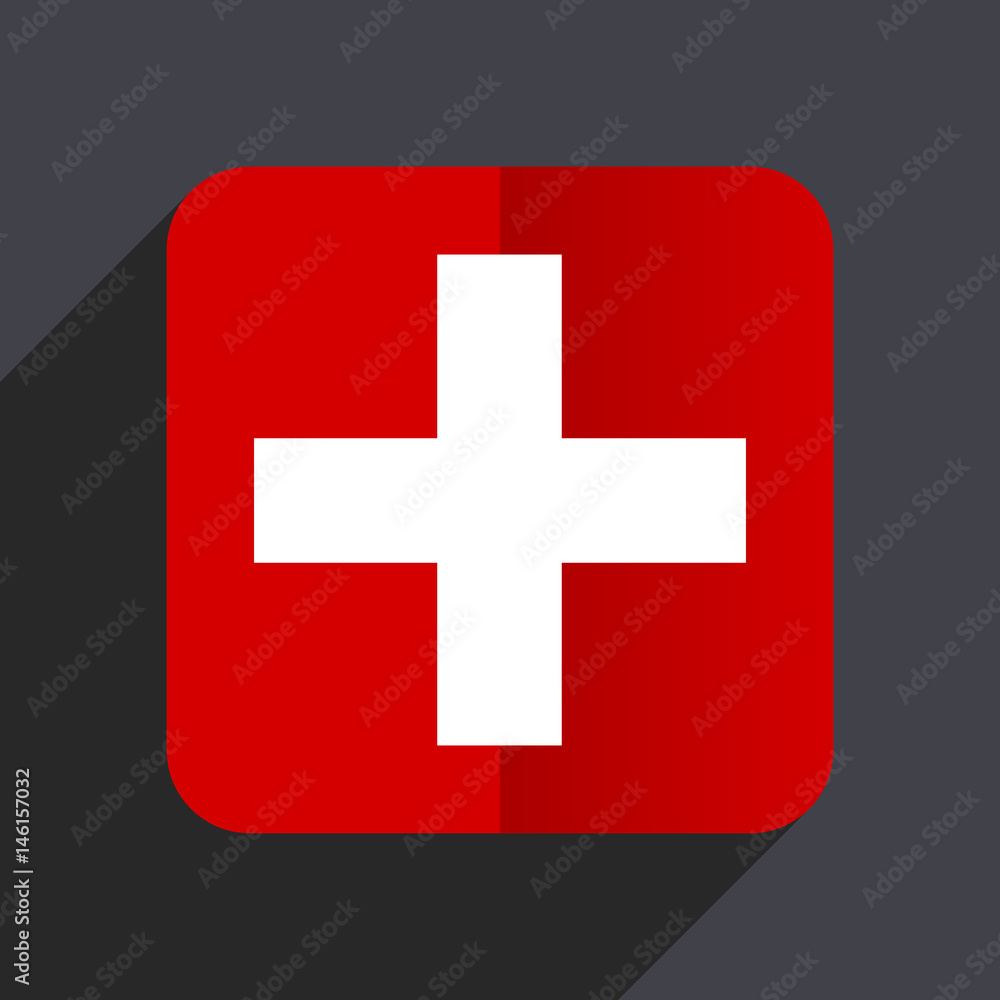 Obraz premium Plus flat design white and red vector web icon on gray background with shadow in eps10.