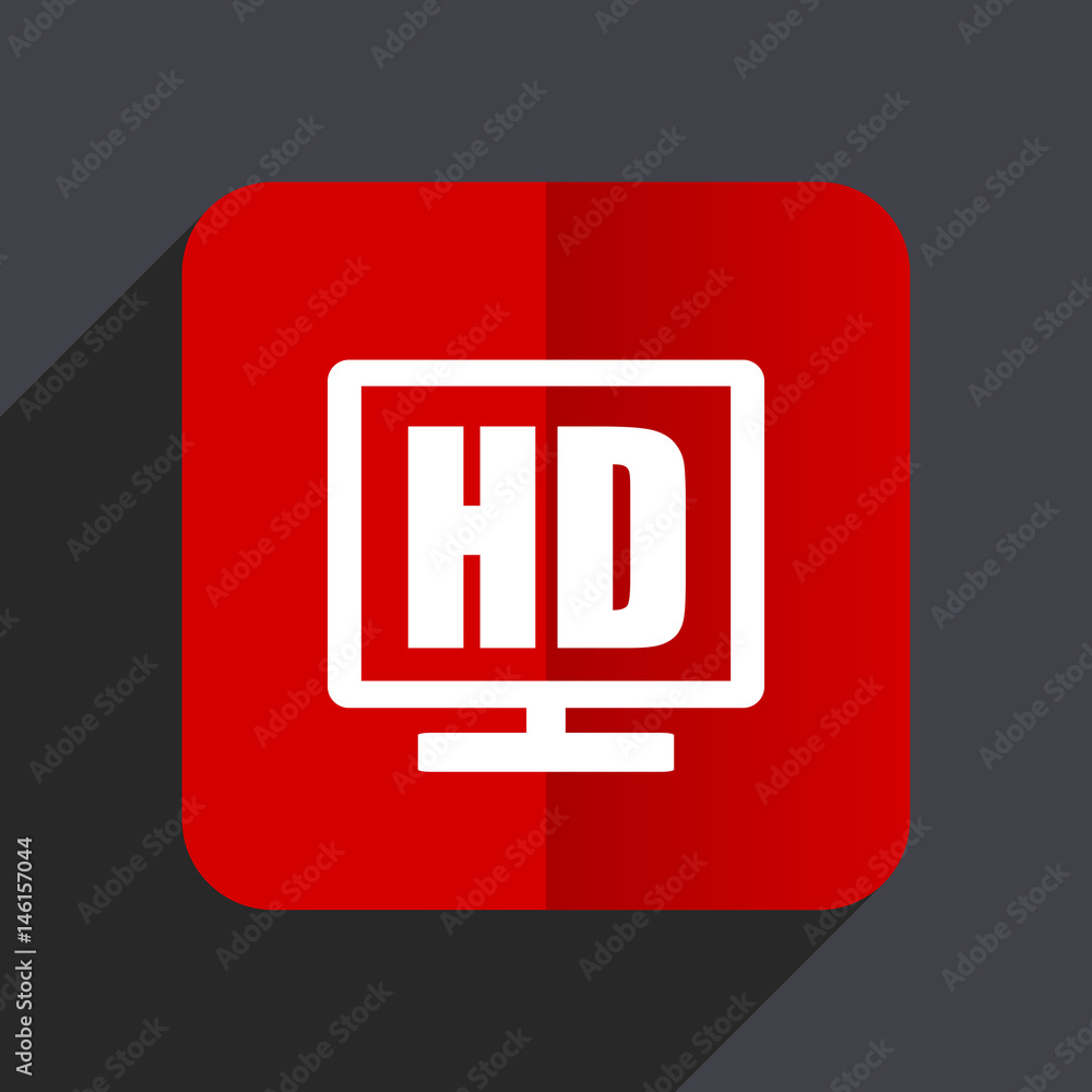 Hd display flat design white and red vector web icon on gray background with shadow in eps10. Hd display flat design white and red vector web icon on gray background with shadow in eps10.