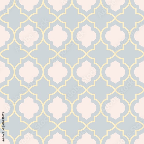 Gray and yellow traditional geometric quatrefoil trellis pattern wallpaper. Vector textile rug or carpet background.