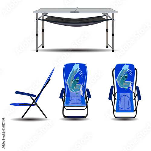 Vector set of hiking folding chairs and table in flat design