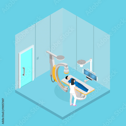 Woman doctor examines a man's body on a modern tomograph in a specialized medical room
