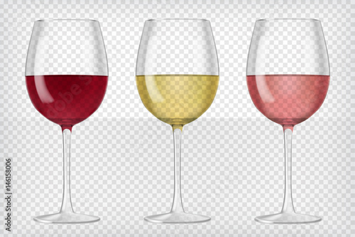 Set of realistic transparent wine glasses