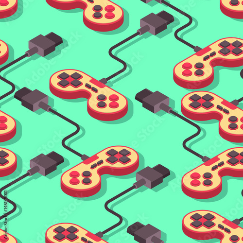 Joystick retro seamless pattern. Gampad Game console 8 bit texture. Retro video game control background photo