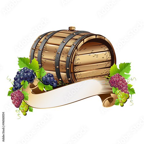 Wine barrel with bunches of grapes