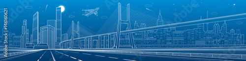 Infrastructure panorama. Large cable-stayed bridge. Airplane fly. Empty highway. Night modern city on background, towers and skyscrapers, urban scene, vector design art 