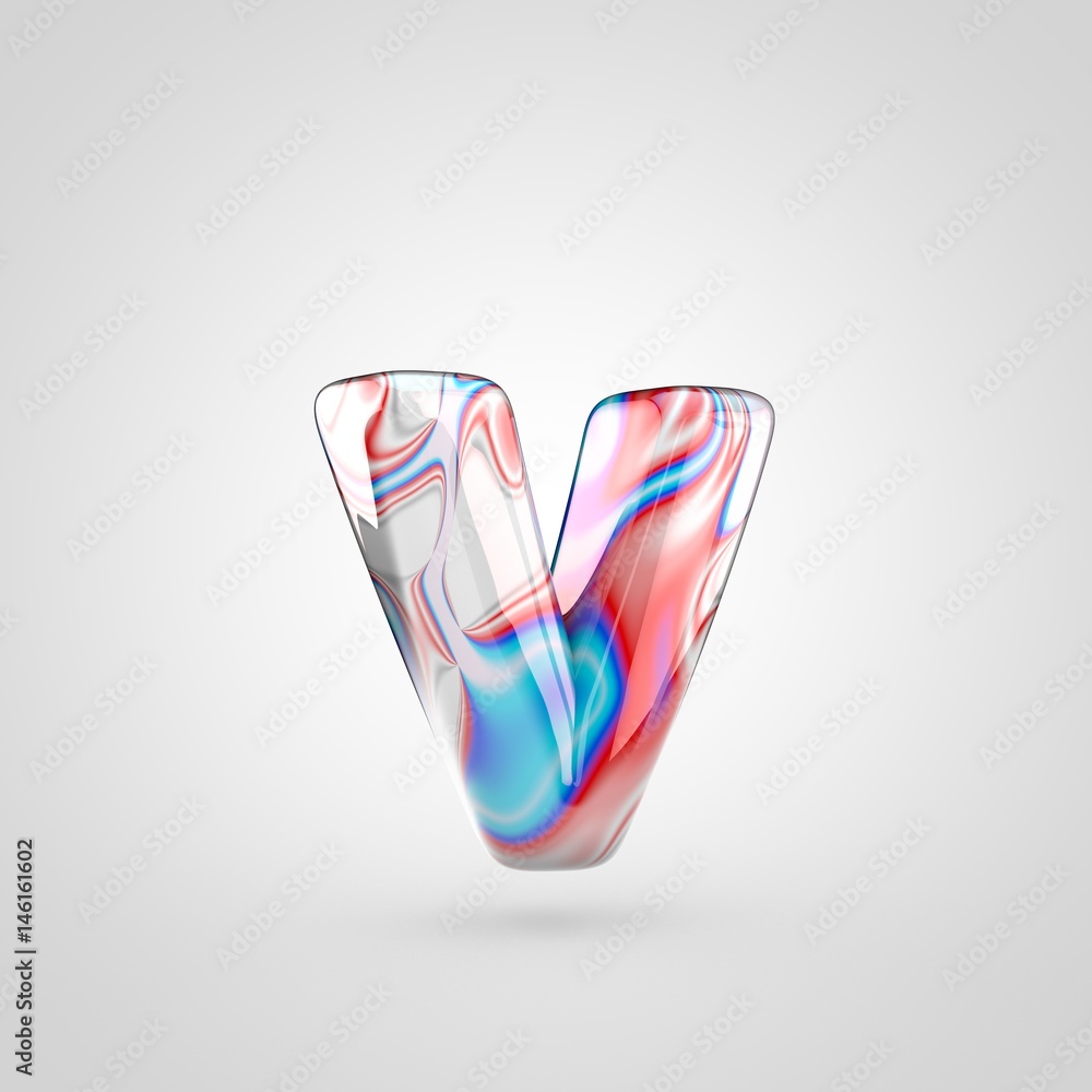Glossy water marble alphabet letter V lowercase isolated on white background