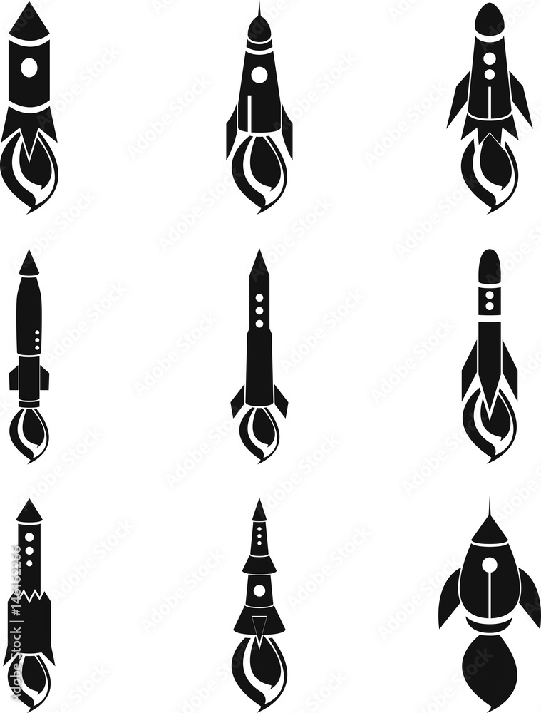 Fototapeta premium Rocket icon. Rocket silhouette. Rocket set vector. Icon design rocket, spaceships, rocket ship. Concept icons launch speed discoveries. Isolated rocket icons.