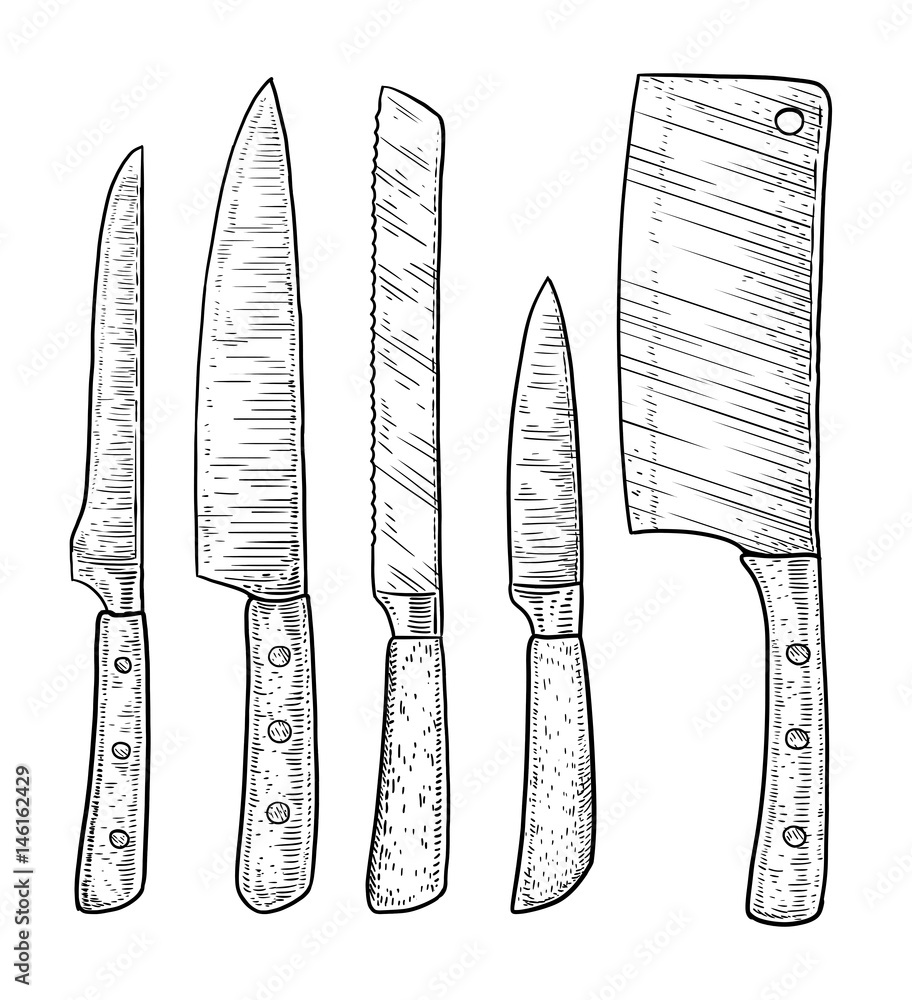 Knives illustration, drawing, engraving, ink, line art, vector Stock