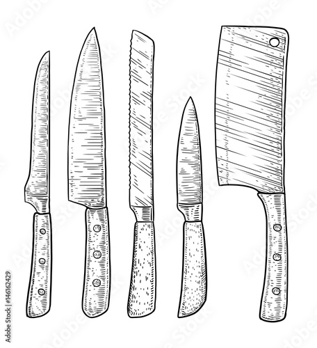 Knives illustration, drawing, engraving, ink, line art, vector