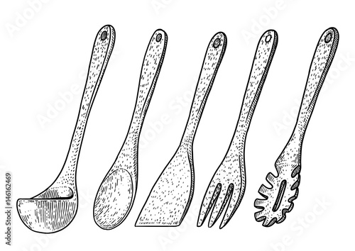 Wooden kitchen tool illustration, drawing, engraving, ink, line art, vector