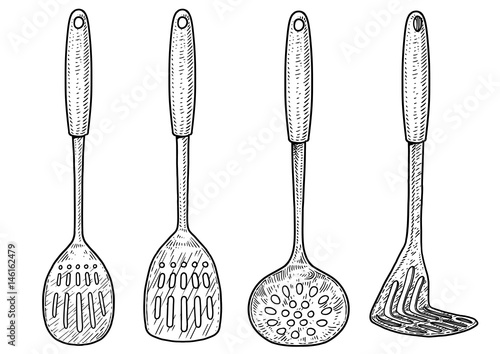 Spoon  masher illustration  drawing  engraving  ink  line art  vector