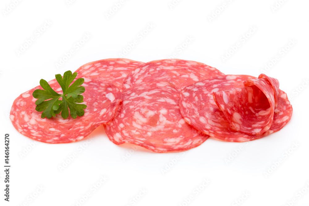 Salami smoked sausage slices isolated on white background cutout. Salami smoked sausage slices isolated on white background cutout.