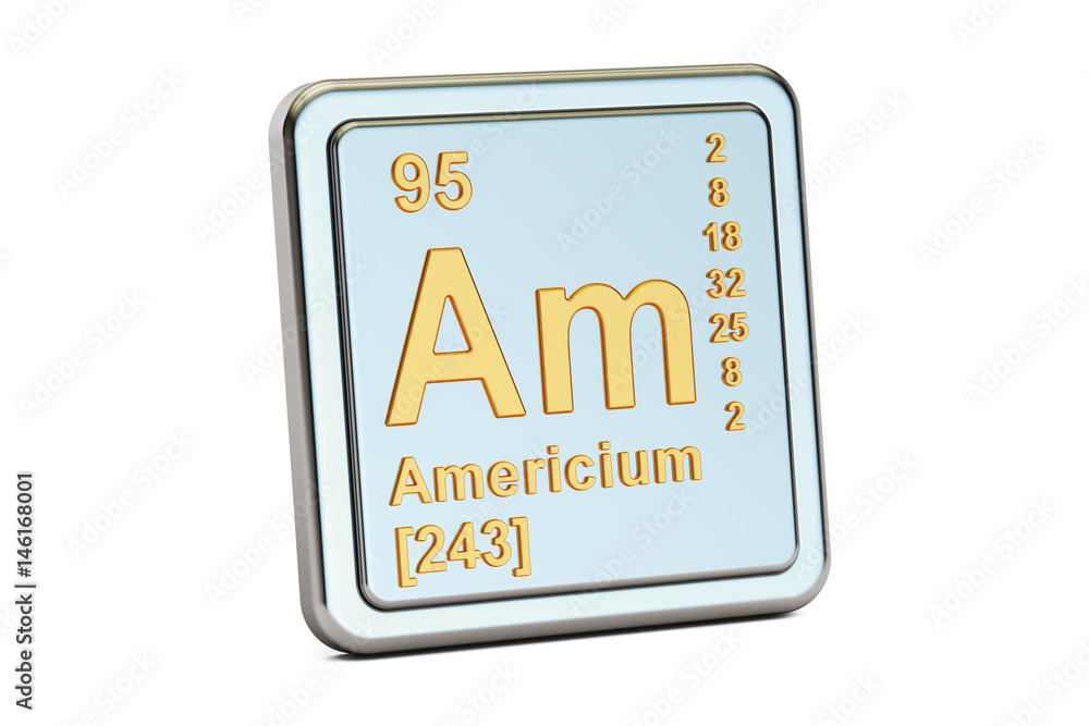 Americium Am, chemical element sign. 3D rendering Americium Am, chemical element sign. 3D rendering