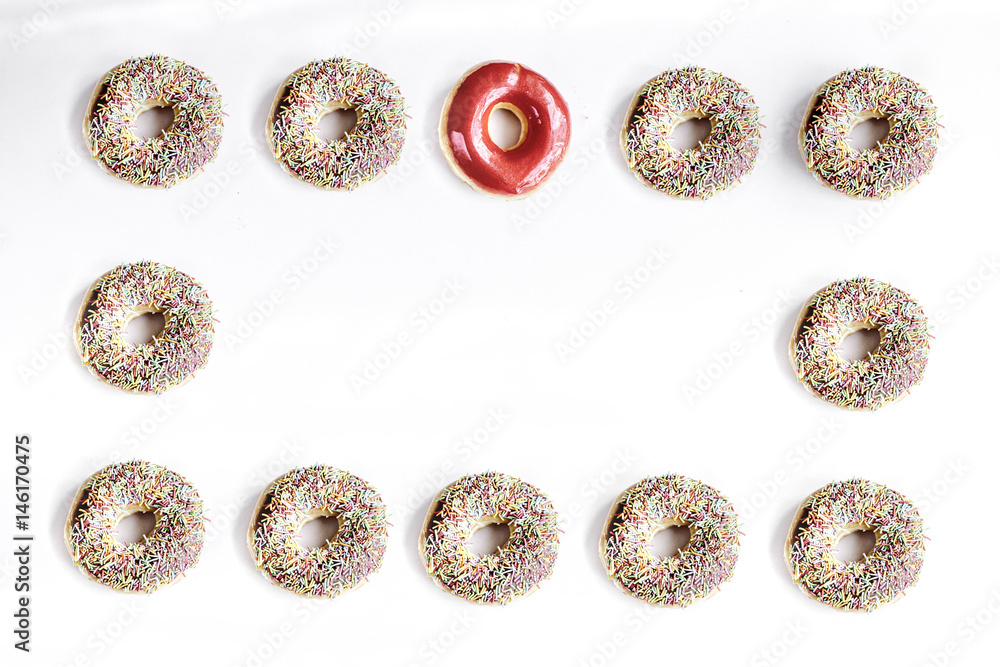 lunch with donuts frame on white table background top view mock up lunch with donuts frame on white table background top view mock up