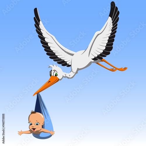 Cartoon cute stork carrying a child in a beak to parents 