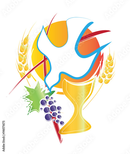 Eucharist symbol with chalice, Holy Spirit dove, grapes and wheat and a cross. First Holy Communion vector abstract illustration.