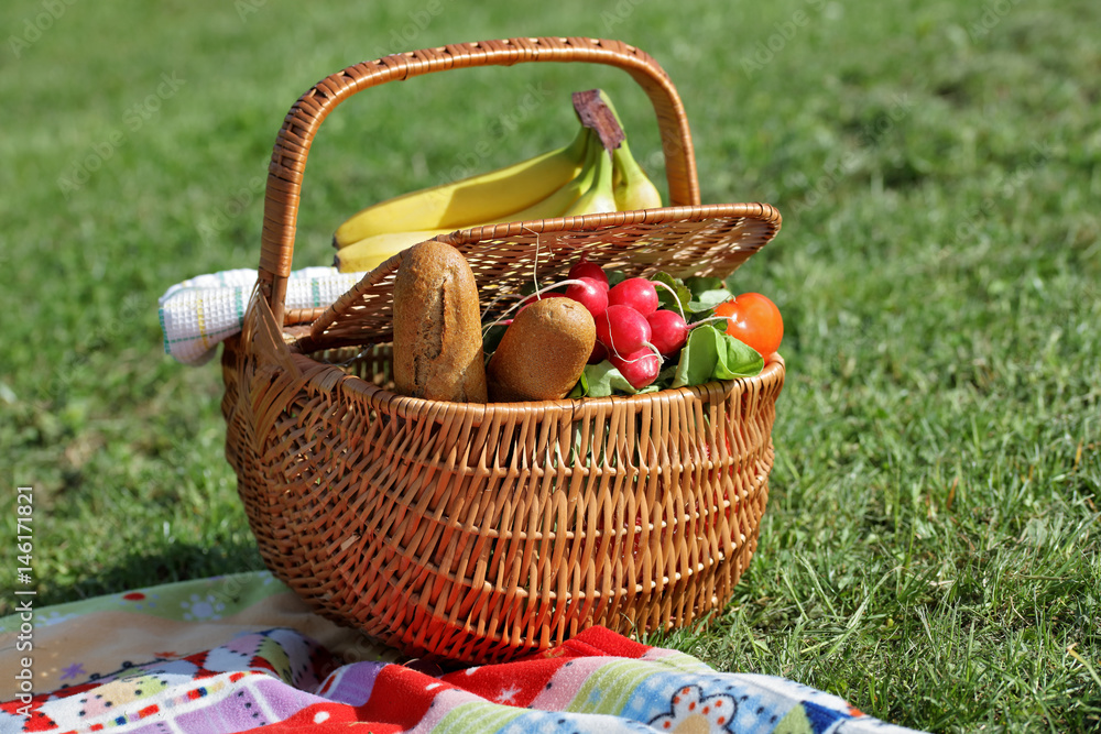 Picnic basket with healthy food and blanket on green grass in park, nature. Lunch break outdoors , Time for relax, Leisure Lifestyle Concept
