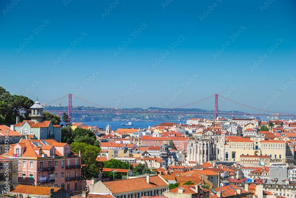 Aerial view of Lisbon from famous viewpoint with April 25 Bridge in the background