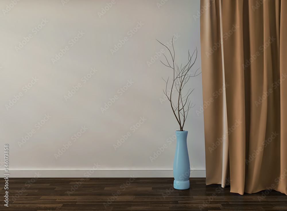 Yellow empty room interior background with glass vase. 3d render