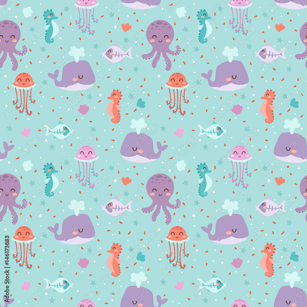 Fototapeta premium Sea animals seamless pattern fish corals starfish shells jellyfish aquarium colorful vector illustration.