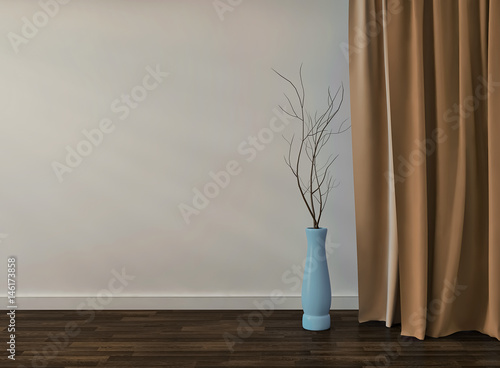 Yellow empty room interior background with glass vase. 3d render