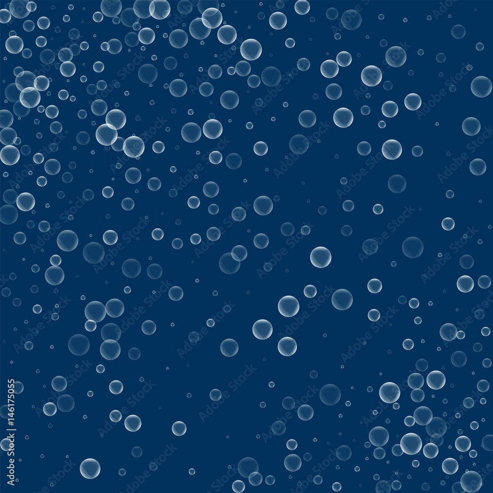 Soap bubbles. Scatter pattern with soap bubbles on deep blue background. Vector illustration.