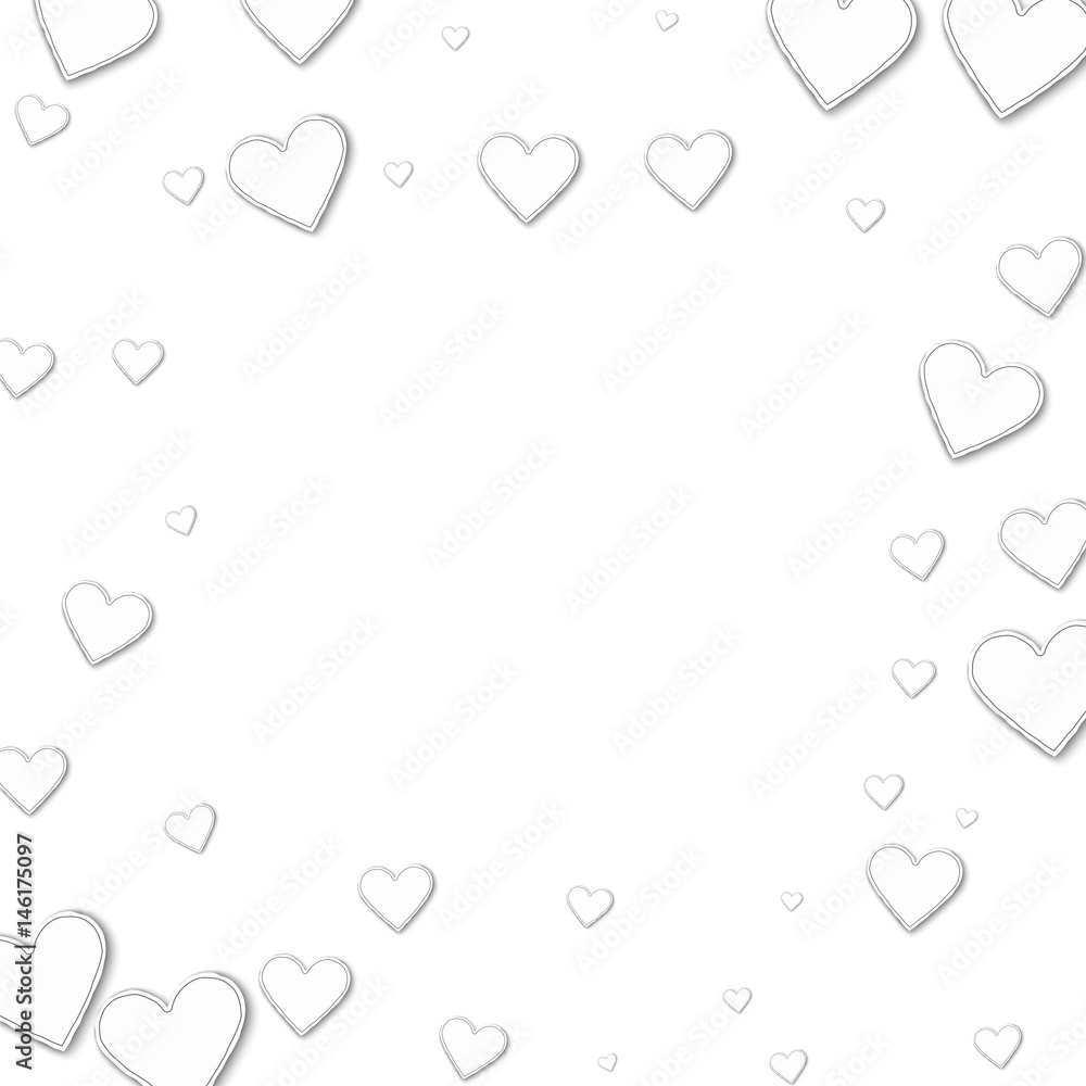 Cutout paper hearts. Square scattered frame on white background. Vector illustration.
