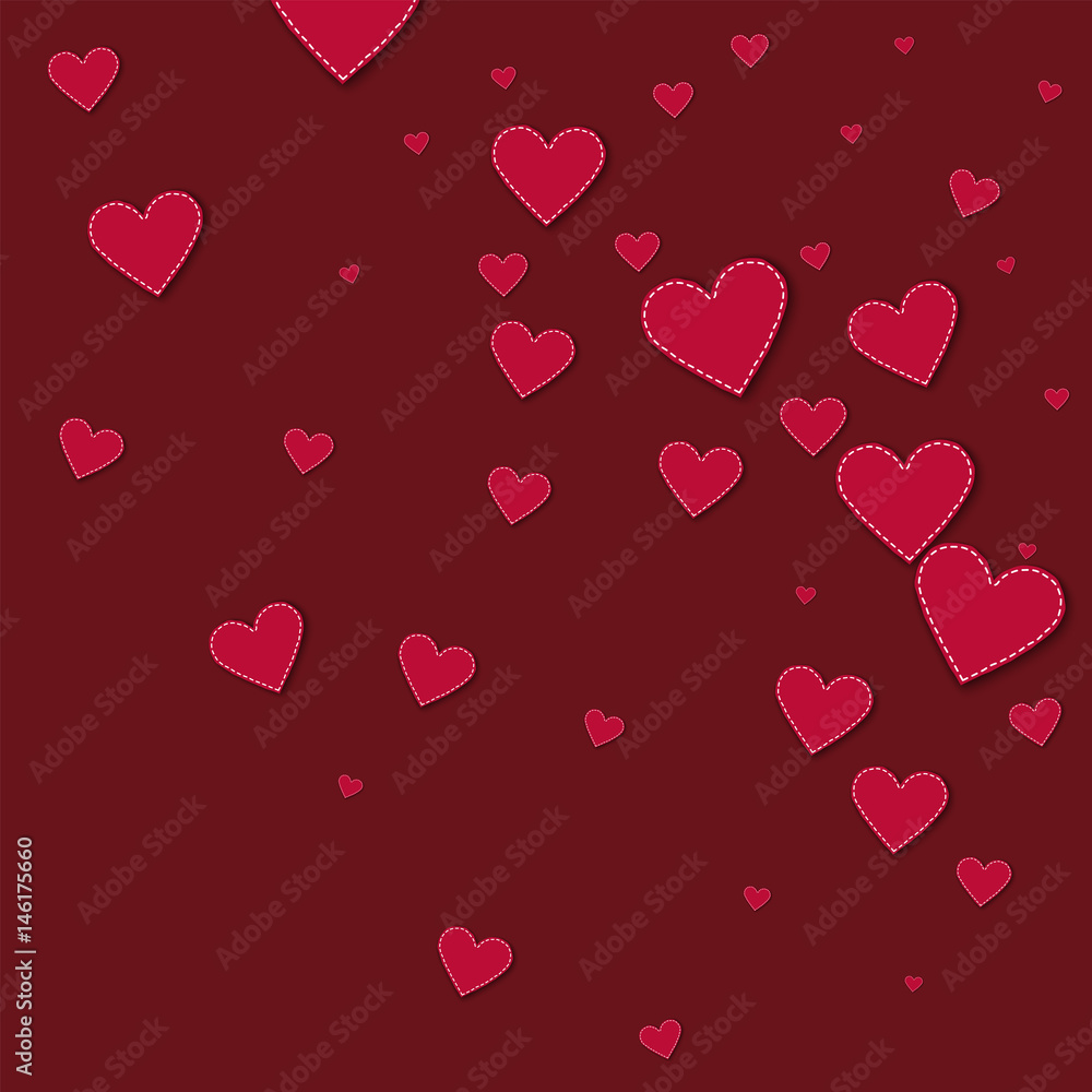 Red stitched paper hearts. Random gradient scatter on wine red background. Vector illustration.