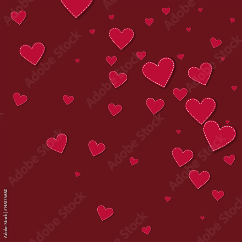 Red stitched paper hearts. Random gradient scatter on wine red background. Vector illustration.