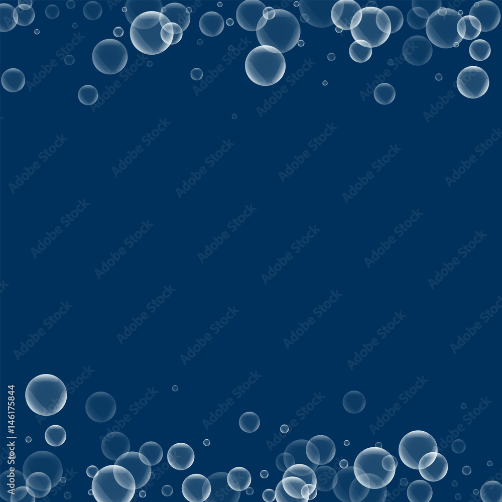 Random soap bubbles. Borders with random soap bubbles on deep blue background. Vector illustration.