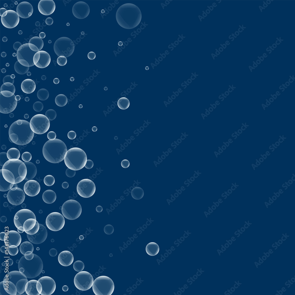 Random soap bubbles. Scatter left gradient with random soap bubbles on deep blue background. Vector illustration.