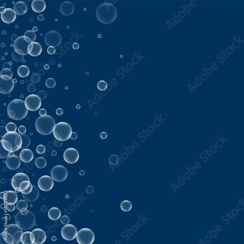 Random soap bubbles. Scatter left gradient with random soap bubbles on deep blue background. Vector illustration.