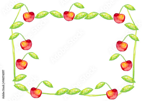 Fototapeta Naklejka Na Ścianę i Meble -  Beautiful watercolor frame with tasty red cherries, leaves and stem. Hand drawn. Illustration.