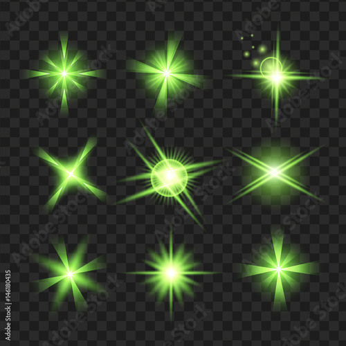 Green shine stars with glitters, sparkles icons set. Effect twinkle, glare, scintillation element sign, graphic light. Transparent design elements background. Varied template Vector illustration