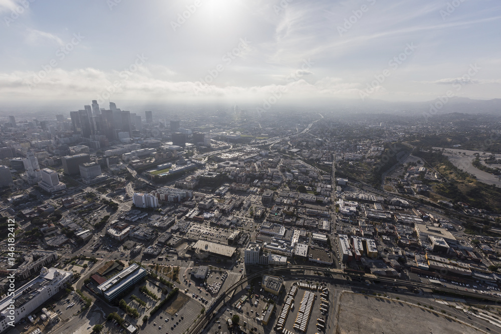 Aerial view of Chinatown and Downtown Los Angeles in Southern California.  