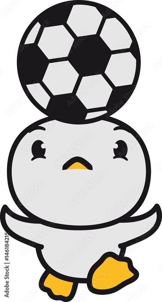Obraz premium kopfball köpfen kopf halten balancieren team sport spielen ball fußball kicker spaß küken süß niedlich klein baby kind ente vogel comic cartoon